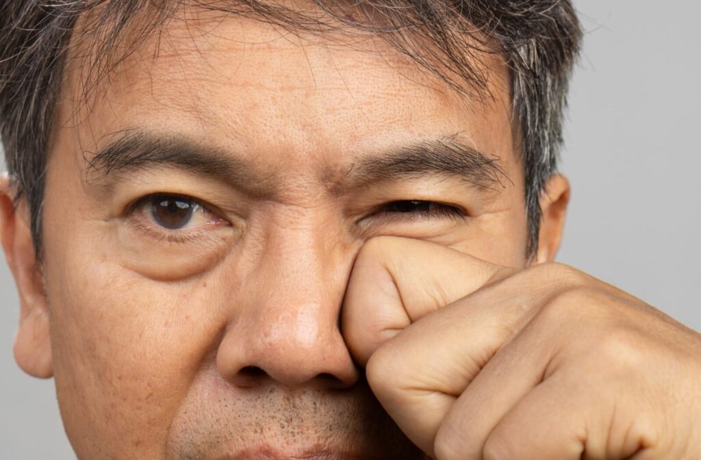 Close-up of a man rubbing his left eye using his left hand.