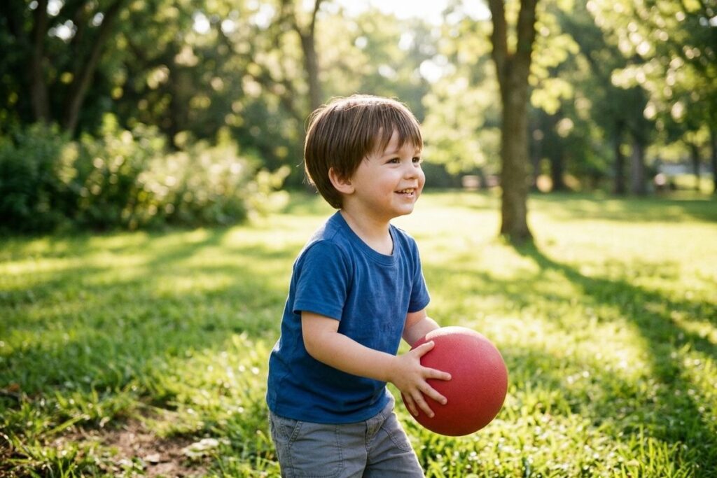 A child playing with a red ball outside.