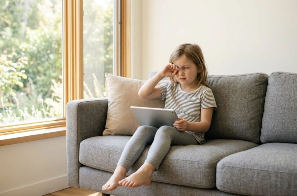 Child rubbing one eye while sitting on a gray couch holding a tablet, beside a sunlit window.