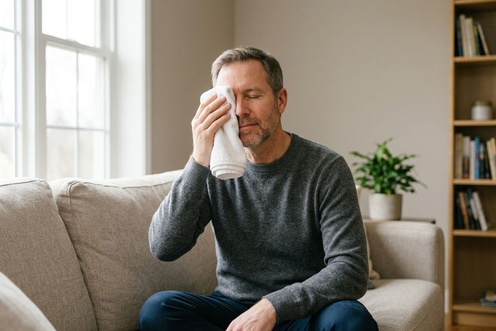 Person sitting on a sofa, pressing a white towel against one eye with eyes closed, near a window.