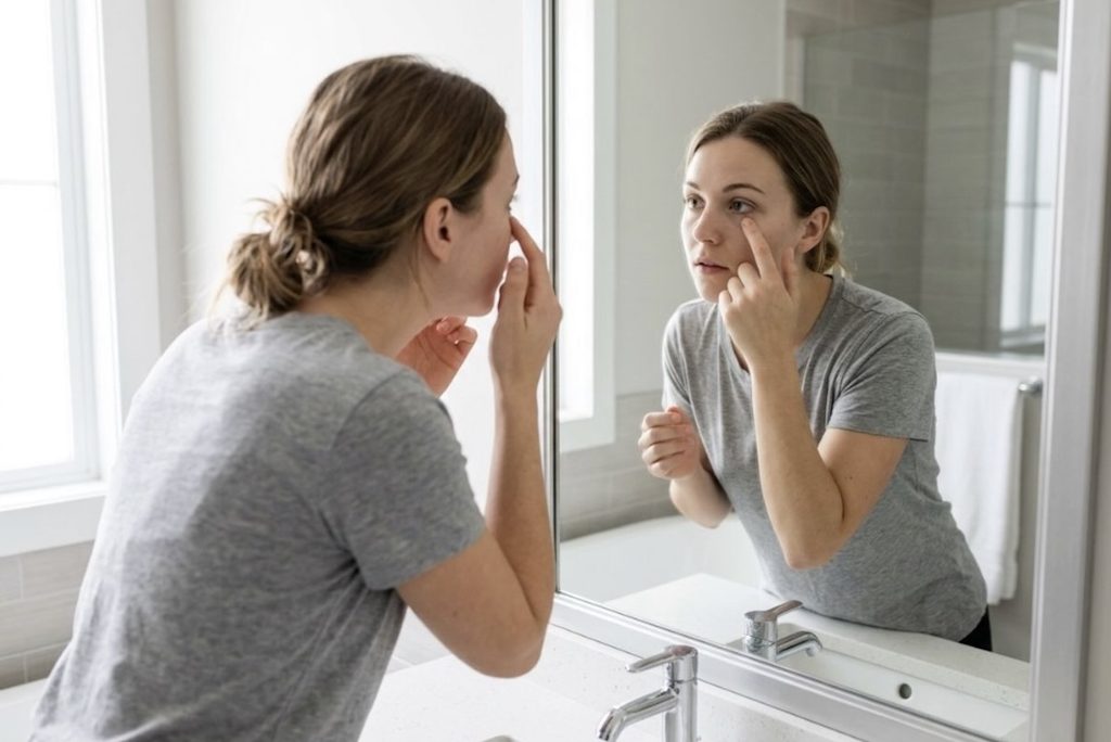 Person in gray t-shirt touching under one eye while looking into a bathroom mirror.