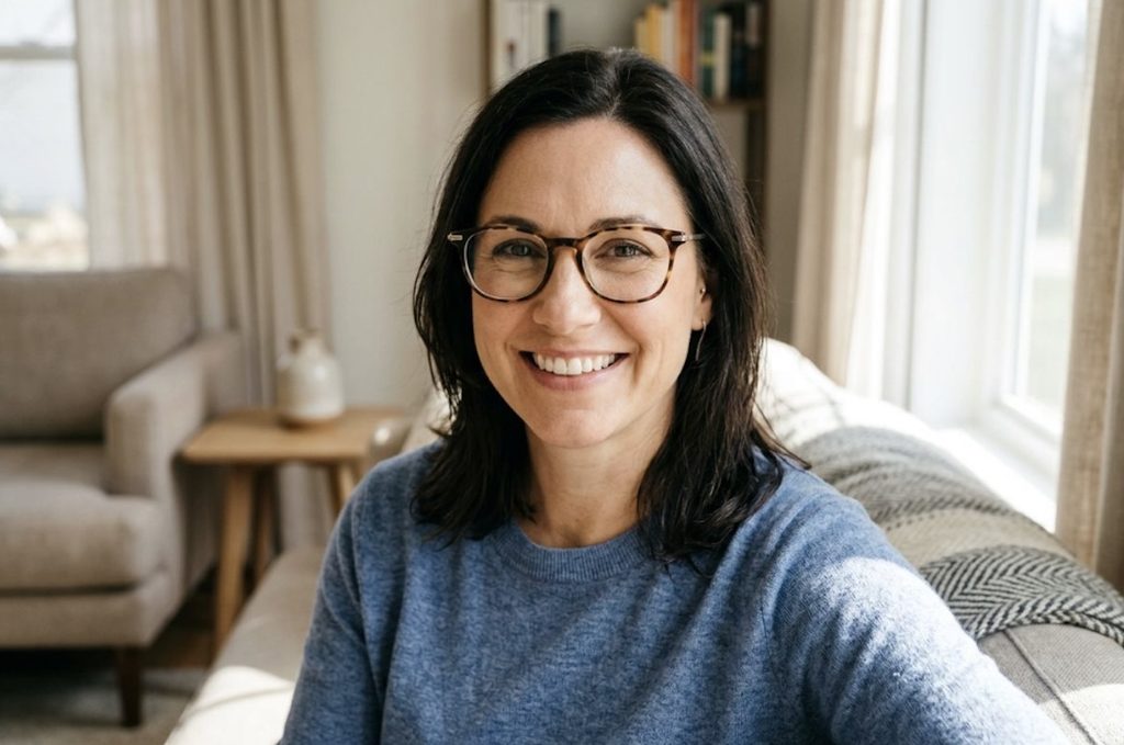 Person in glasses and a blue sweater smiling on a sofa in a sunlit living room.