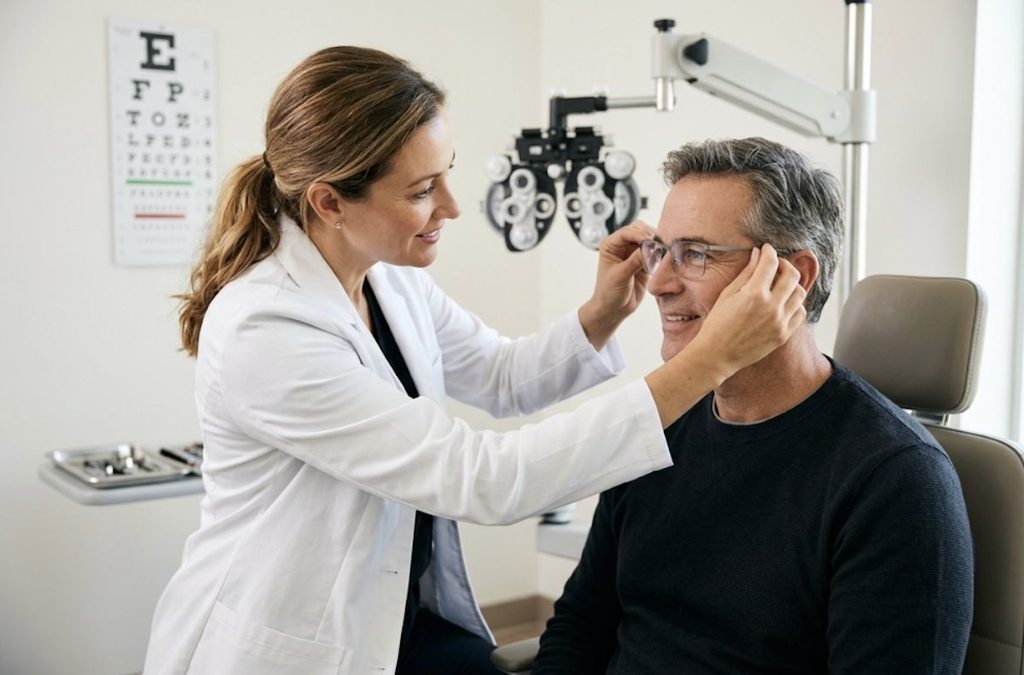 Optometrist fitting glasses onto a smiling seated patient in an eye exam room with eye chart and phoropter.